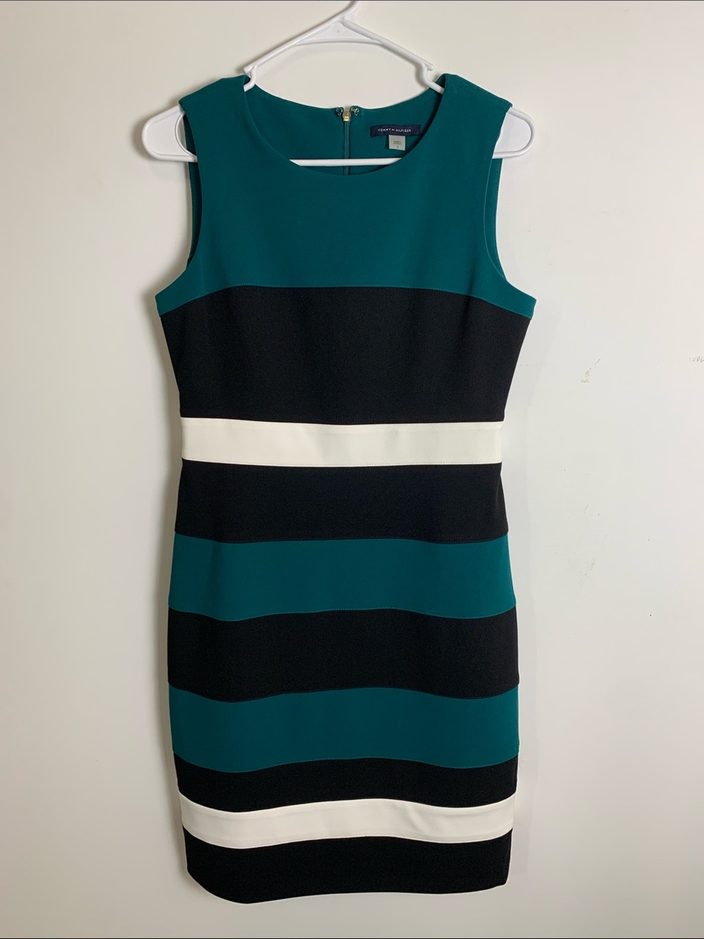 Tommy Hilfiger Teal, Black & White Striped Sheath Midi Dress